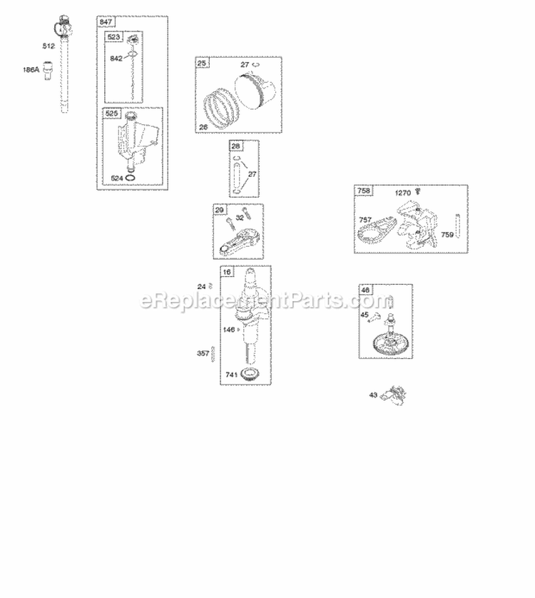 Camshaft Crankshaft Lubrication Piston Rings Connecting Rod Diagram and Parts List for  Briggs and Stratton Engine